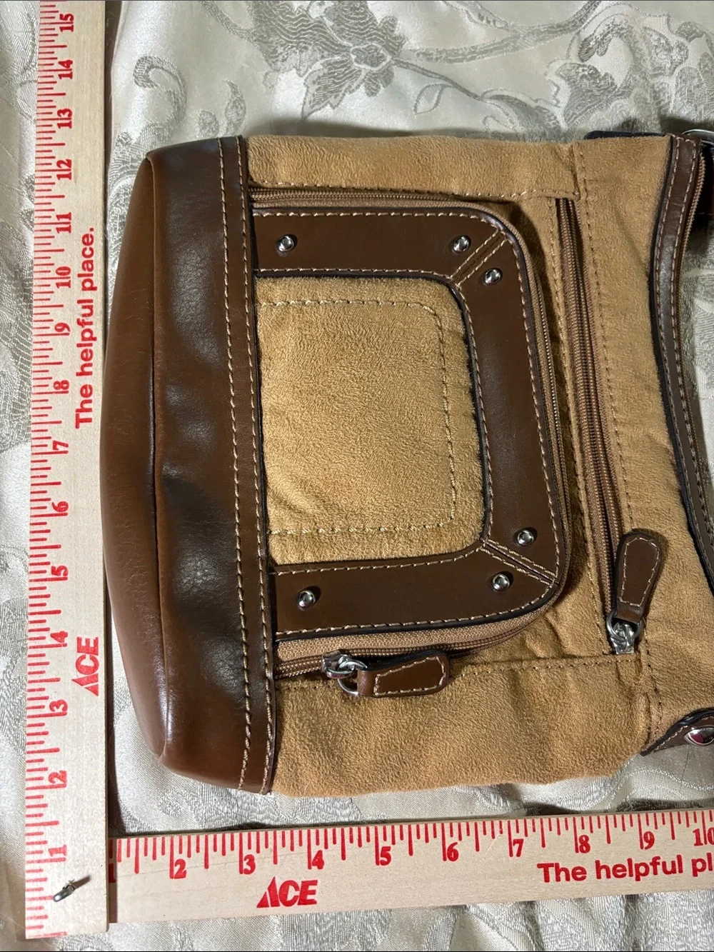 St. John's Bay Brown Canvas and Dark Brown Faux Leather Messenger Bag